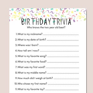 Op de afbeelding: Een printbaar verjaardagsquiz met een kleurrijke confetti-achtergrond. De quiz stelt 12 vragen over een kind van twee jaar, zoals hun bijnaam, geboortedatum en favoriete liedje. Er is een ruimte onderaan voor de totaalscore.