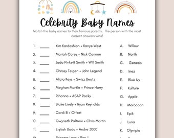 Könnte beinhalten: Ein druckbares Babyparty-Spiel mit einem Regenbogen-, Mond- und Stern-Motiv. Das Spiel fordert die Spieler auf, Promi-Paare mit den Namen ihrer Babys zu kombinieren. Das Spiel enthält 13 Promi-Paare und 13 Babynamen.