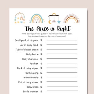 Könnte beinhalten: Ein druckbares Babyparty-Spiel mit Boho-Thema. Das Spiel heißt "Der Preis ist heiß" und fordert die Gäste auf, den Preis verschiedener Babyartikel zu erraten. Die aufgeführten Artikel umfassen Windeln, Babynahrung, Wundcreme, Babyflasche, Babyshampoo, Schnuller, Babytücher, Beißring, Säuglingsnahrung, Babyschuhe, Babylotion, Flaschenwärmer, Nasensauger und Strampler.