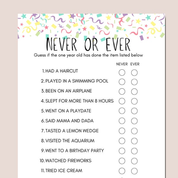 Baby's First Birthday Party Game, Printable 1st Birthday Game, Never Have I Ever, Never or Ever, Instant Download, First Birthday Game