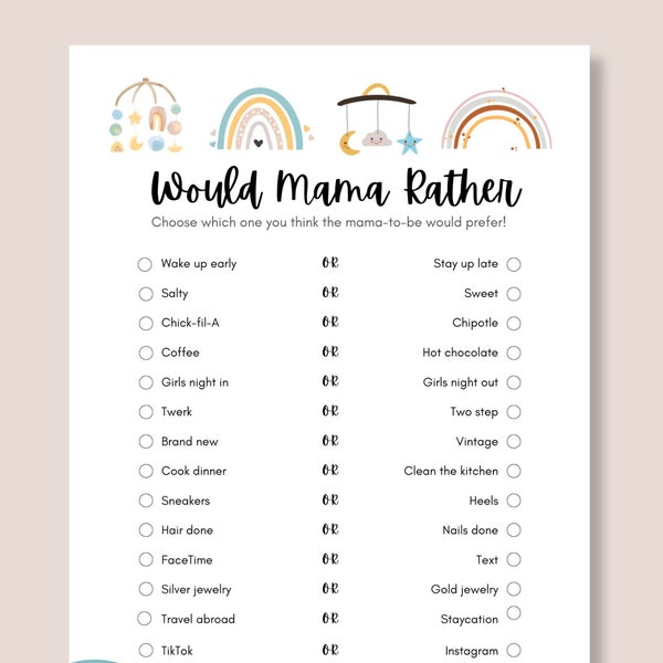 Would Momma Rather, Would She Rather Baby Shower Game, Who Knows Mom Best, Gender Neutral Baby Shower Game, Digital Download, PDF, Customize