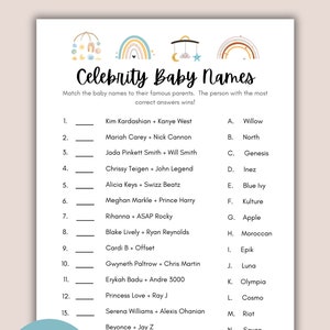 以下が含まれることがあります： 虹、月、星をテーマにした印刷可能なベビーシャワーゲーム。このゲームは、プレイヤーに有名人カップルと赤ちゃんの名前を一致させるように求めます。このゲームには、13組の有名人カップルと13の赤ちゃんの名前が含まれています。