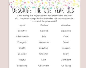 Juego para la primera fiesta de cumpleaños del bebé, juego imprimible para el primer cumpleaños, describe al bebé de un año, descarga instantánea, juego para el primer cumpleaños
