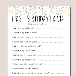 Baby's First Birthday Party Game, Printable 1st Birthday Game, How Well Do You Know The One Year Old, Instant Download, First Birthday Game