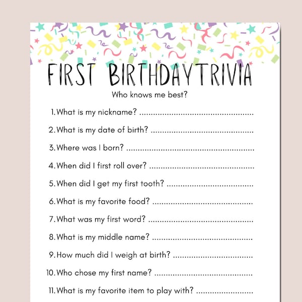 Baby's First Birthday Party Game, Printable 1st Birthday Game, How Well Do You Know The One Year Old, Instant Download, First Birthday Game