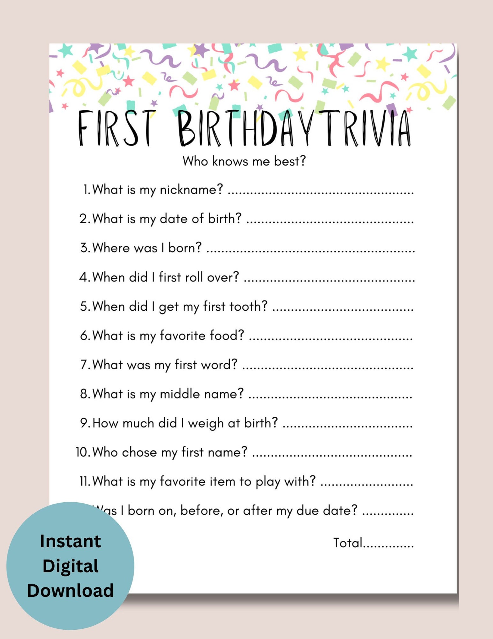 Baby's First Birthday Party Game, Printable 1st Birthday Game, How Well ...