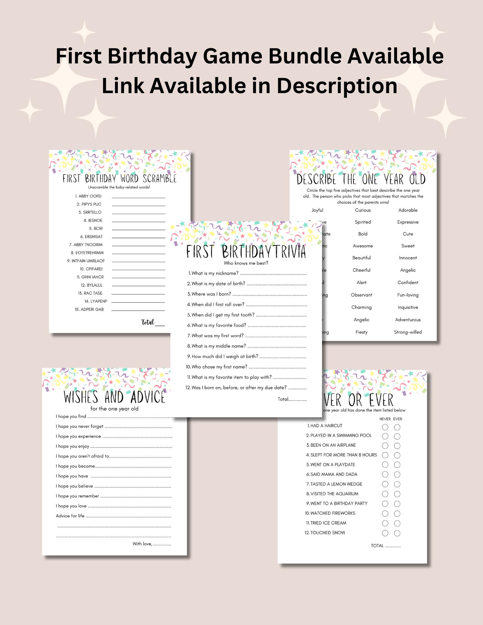 Baby's First Birthday Party Game, Printable 1st Birthday Game, One Year ...