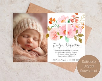 Pink Floral Baby Dedication Invitation Template, Minimalist Dedication, Editable Canva Template, Religious Invitation, Fully Customizable