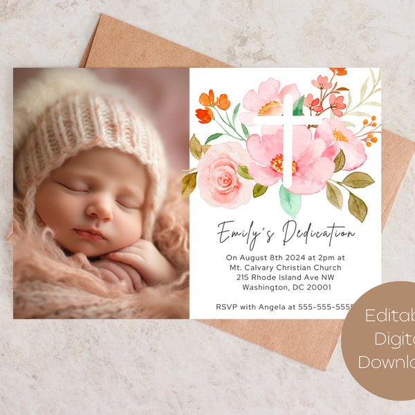 Modèle d'invitation de dédicace de bébé floral rose, dédicace minimaliste, modèle de toile modifiable, invitation religieuse, entièrement personnalisable