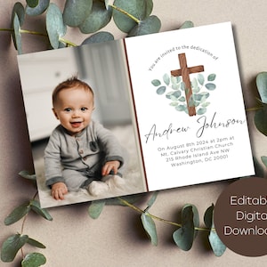 Modelo de convite para dedicação de bebê, Dedicação minimalista, Modelo Canva editável, Convite religioso, Totalmente personalizável