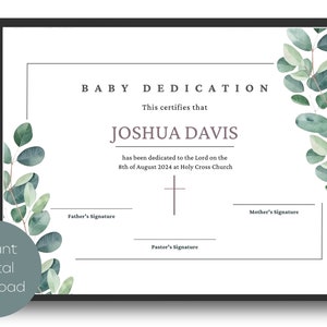Certificado de dedicación de bebé imprimible, certificado de dedicación de niño editable, minimalista verde, certificado de bautismo, descarga instantánea