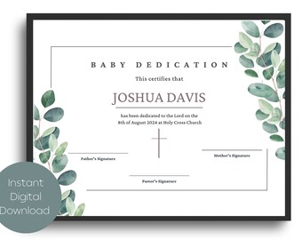 Baby Dedication Certificate Printable, Editable Child Dedication Certificate, Greenery Minimalist, Baptism Certificate, Instant Download