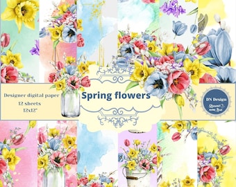 Watercolor Spring Flowers Digital Paper Pack (12x12, Digital Download)