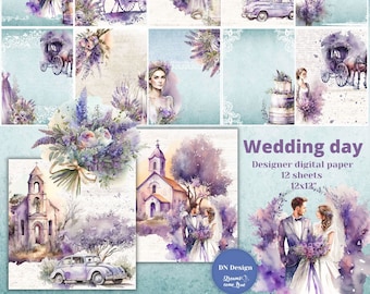 Lavender Wedding Digital Paper Pack: Blue Beige Illustrations (Digital Download)