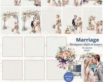 Wedding Digital Paper Pack, Watercolor Marriage Backgrounds, Bridal Scene Scrapbook Paper, Elegant Floral Wedding Backdrop, 12x12" JPG