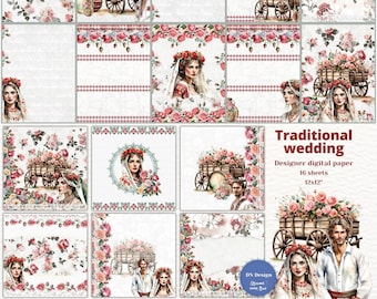 Traditional Rose Wedding Digital Paper, Floral Vintage Scrapbook Backgrounds 12x12" JPG, Digital Download