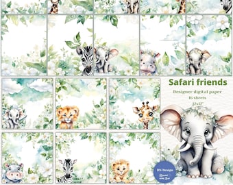 Safari Baby Animals Digital Paper - Watercolor Jungle Nursery Scrapbook Paper Pack, Pastel Floral Greenery Backgrounds, Commercial Use