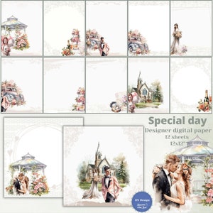 Pack de papier numérique de mariage, illustrations de mariage, jeunes mariés, fond de dentelle blanche, papier de mariage, papier numérique de scrapbooking, papier imprimable