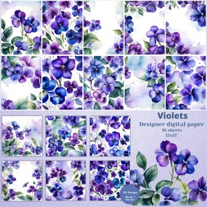 Pacote de papel digital Violets, downloads digitais requintados de violetas roxas e azuis, papel digital para scrapbooking, papel para impressão, uso comercial