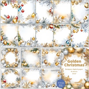 Golden Christmas Digital Paper Pack, Festive Scrapbooking Backgrounds (12x12, JPG)