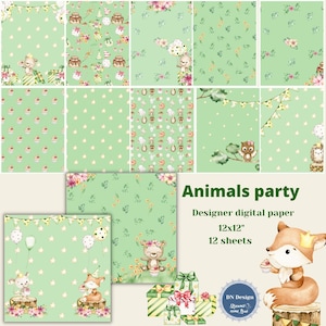 Digital paper pack,Animals party,Cute forest animals,Baby paper,Printable paper,Green paper,Scrapbook paper,Digital download,Digital paper