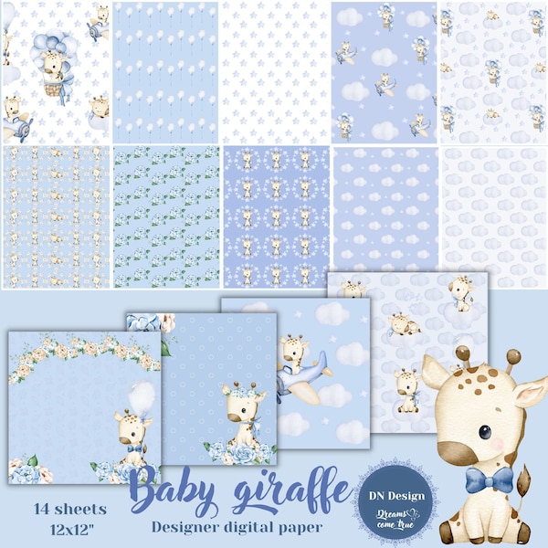 Paquet de papier numérique,Bébé girafe,Bébé girafe mignon,Papier pour bébé,Papier imprimable,Papier bleu ciel,Papier de scrapbooking,Téléchargement numérique,Papier numérique