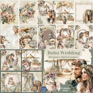 Paquet de papier numérique de mariage bohème, illustrations de mariage, jeunes mariés, fond beige, papier de scrapbooking de mariage, téléchargement numérique, scrapbooking vintage