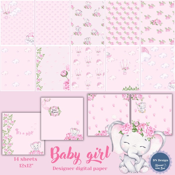 Digital paper pack,Baby Girl,Cute baby elephant,Printable paper,Pink paper,Scrapbook paper,Digital download,Girl scrapbook paper,flowers