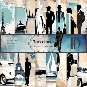 Paquete de papel digital de hombres de viaje, Fondo con siluetas de hombres, Papel vintage, Papel de hombre, Papel digital de scrapbooking, Uso comercial