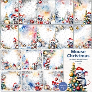 Paquet de papier numérique de Noël de souris, petites souris du père Noël, fond de Noël, papier numérique de vacances, papier numérique de scrapbooking, imprimable