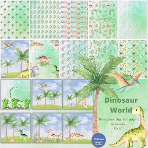 デジタルペーパーパック、恐竜の世界、かわいい恐竜、ベビーペーパー、印刷可能な紙、グリーンペーパー、スクラップブックペーパー、デジタルダウンロード、デジタルペーパー
