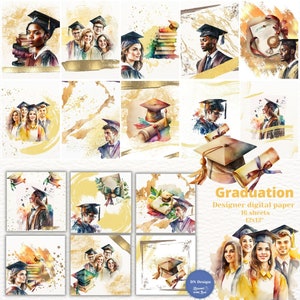 Papel digital de graduación de acuarela, día de graduación con ilustraciones de birretes, diplomas, etc. Perfecto para proyectos escolares o universitarios