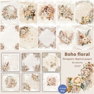 Boho Floral,Pacchetto di carta digitale,Motivi di pizzo,Carta scrapbook stampabile, Bellissimo design floreale boho di ispirazione vintage,Download digitale,Fiori