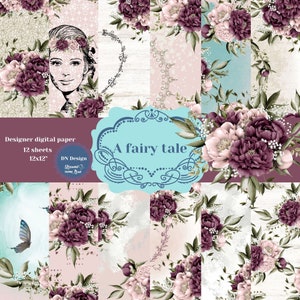 Confezione di carta digitale, carta digitale floreale, carta per scrapbooking con fiori bordeaux, sfondi floreali, carta stampabile, carta per scrapbooking, alta qualità