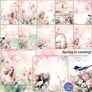 Pack de papier numérique Spring is Coming,Utilisation commerciale,Papier numérique floral aquarelle,Illustration d'hirondelle et de cigogne,Papier numérique pour scrapbooking