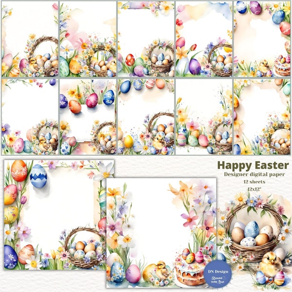 Happy Easter digital paper pack, Cute little yellow chicks,Easter egg baskets on a background of Easter eggs and flowers borders