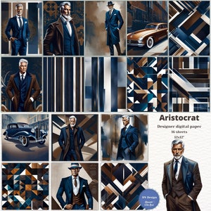 Pacote de papel digital Aristocrat, papel masculino para projetos de scrapbooking, imagens com homens, design marcante, fundo azul e marrom, uso comercial
