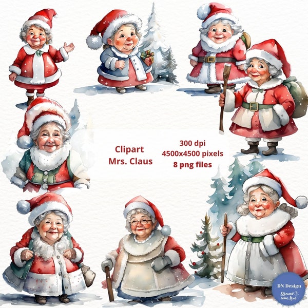 Mrs.Claus clipart set,8 png file,Watercolor Clipart,Christmas Clip Art, PNG files with Mrs.Claus,Digital Prints,Xmas Art,Digital Download