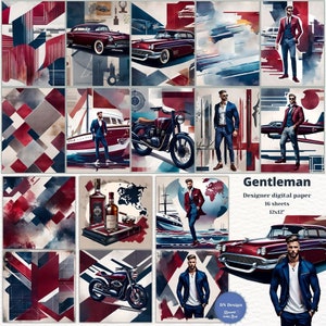 Pacchetto di carta digitale Gentleman,Carta da uomo moderna,Disegni sorprendenti con auto, motociclette e yacht,Carta digitale Scrapooking,Uso commerciale