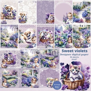 Pakiet cyfrowego papieru „Słodkie fiołki”, słodkie szczeniaki, kocięta, chłopcy i dziewczynki, fiolet, białe tło, fiołki, papier do scrapbookingu, papier do druku