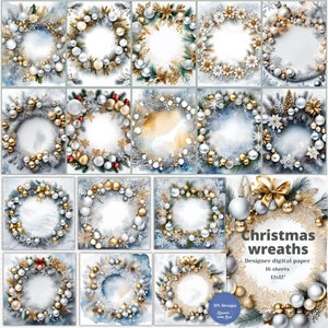 Holiday Wreaths/Christmas Digital Paper Pack/Christmas Wreath Backgrounds/Blue Watercolor Backgrounds/Winter Festive Paper/Printable Paper