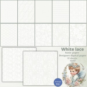 Weiße Spitze, digitales Papier für Hochzeit, weißes Papier für Taufe, weißes Papier für Scrapbook, Papier mit Spitze, Dentelle