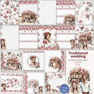 Traditionelles Hochzeit Papier Set, Hochzeitspapier, Bulgarisches Scrapbook, Ethno Papier, Rote Rosen, Spitzenmotive, bedruckbares Papier