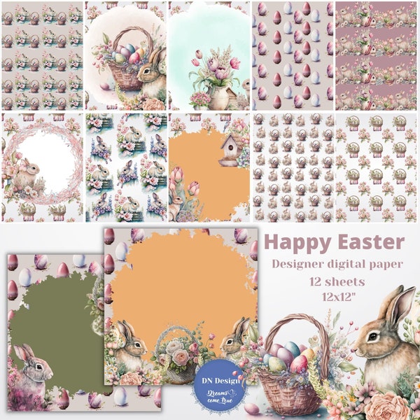 Happy Easter,Easter bunny digital paper,Easter digital paper pack,Pink floral,Bunnies,Eggs,Boho easter,Digital easter paper,digital download