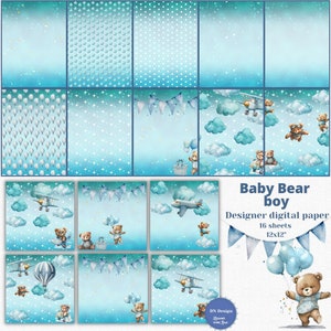 Digital paper pack,Baby Bear boy,Baby Bear,Baby paper,Blue paper,Blue Aeroplane Balloon,Scrapbook paper,Digital download,Printable paper