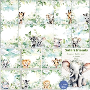 Sea creativo con nuestro paquete de papel digital Safari Friends, lindos animales salvajes, perfecto para álbumes de recortes y fabricación de tarjetas, uso comercial