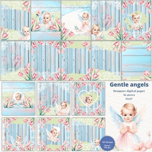 Digitale papieren verpakking zachte engelen, digitaal dooppapier, aquarel engelen, meisje en jongen, zachte pastelkleuren en houten achtergrond, ulips