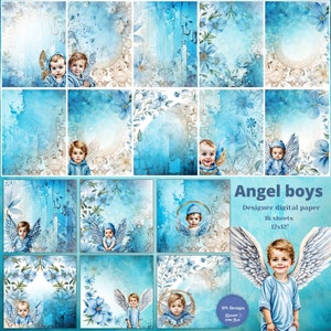 Angel boys digital paper pack,Cute Angel boys, Blue backgrounds with flowers and ornaments,Angel Scrapbooking paper,Baptism,Digital download
