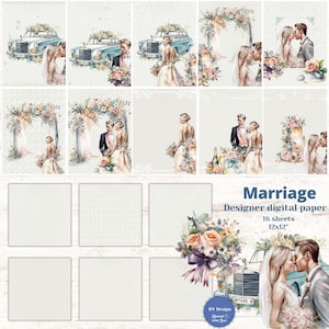 結婚、ウェディング デジタル ペーパー パック、花嫁、花婿、ウェディング イラスト、白背景、レース ウェディング ペーパー、デジタル ダウンロード、即時ダウンロード