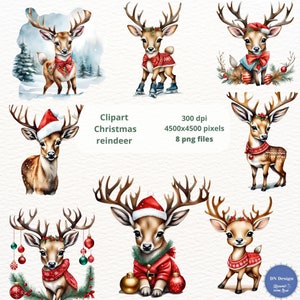 Christmas reindeer clipart,Cute reindeer,Christmas clipart,Watercolor Christmas Reindeer PNG Bundle,Holiday Reindeer Clipart,Commercial Use